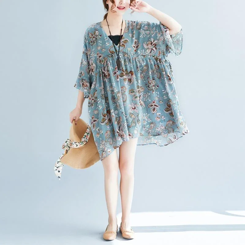 Fine blue floral pure chiffon dresses trendy plus size chiffon cotton dress Fine v neck high waist cotton dresses