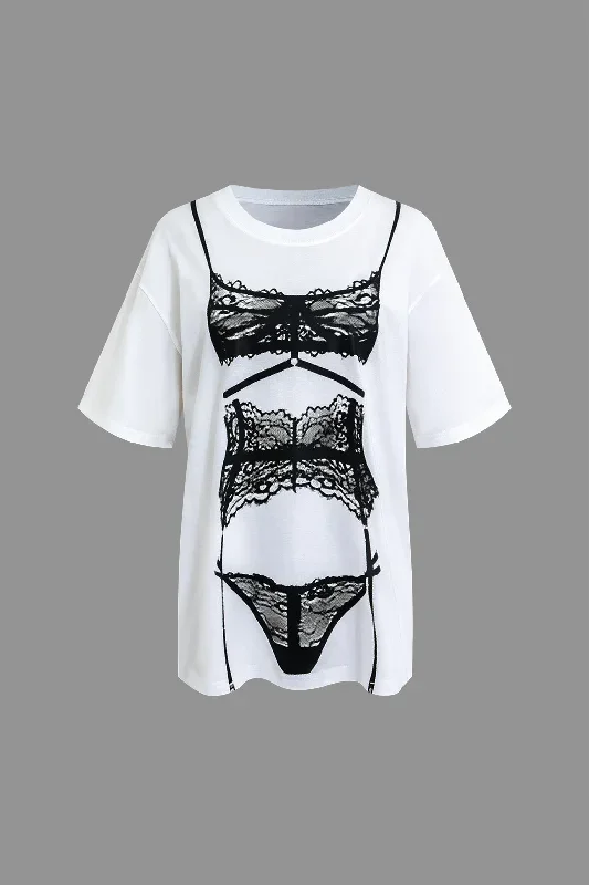 Oversized Lace Lingerie Print T-shirt