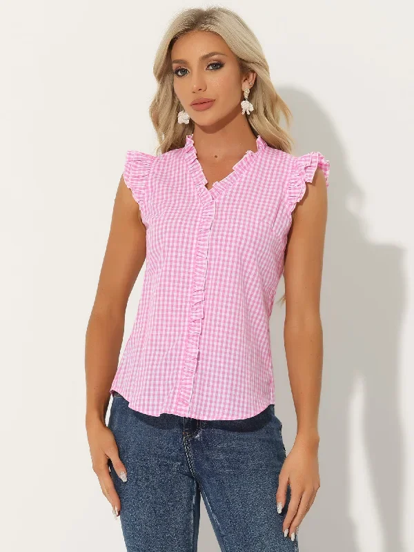 Ruffle Button Down Cap Sleeve Plaid Gingham Blouse