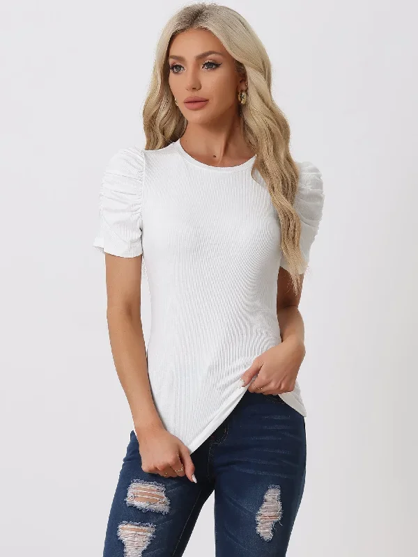 Casual Round Neck Puff Ruched Sleeve Knit Tops