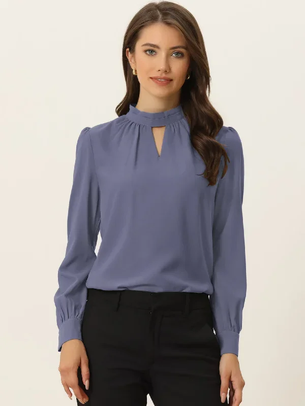 Work Keyhole Shirt Stand Collar Long Sleeve Chiffon Blouse