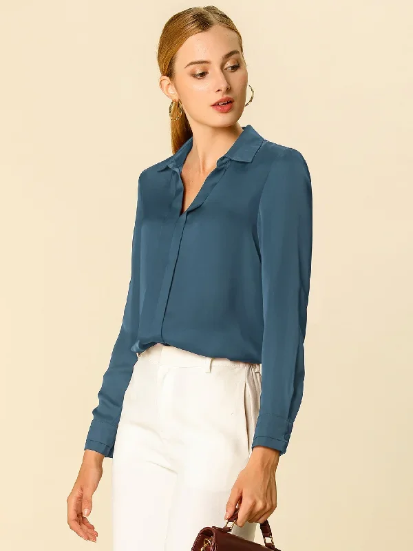 Satin V Neck Long Sleeve Silky Office Work Solid Shirt