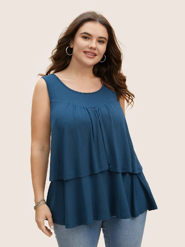 Plain Round Neck Tiered Ruffles Tank Top