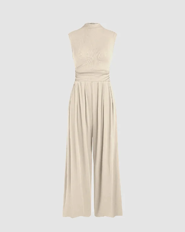 Round Neckline Solid Pleated Jumpsuit In Apricot