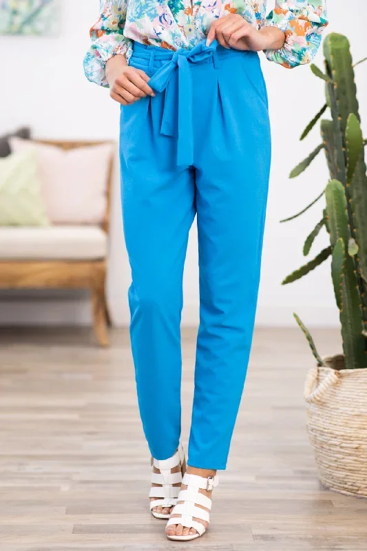 Sky Blue Tie Waist Pleat Dress Pants