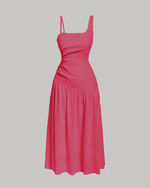 Square Neck Spaghetti Straps Ruched Side Pink Dress