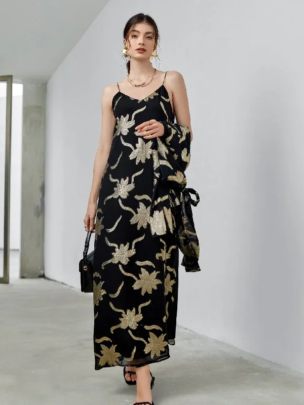 Tea break French style mulberry silk platinum heavy industry gold silk printing suspender dress 35420
