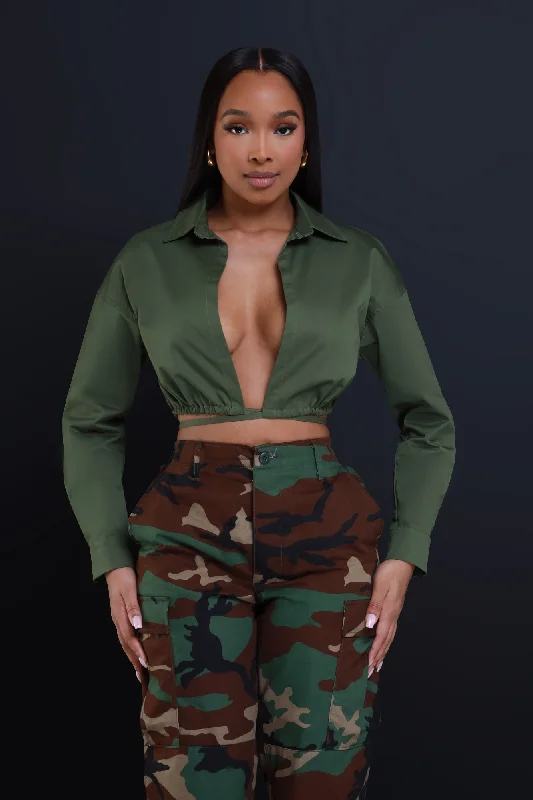 Time To Go Tie Up Crop Top - Olive