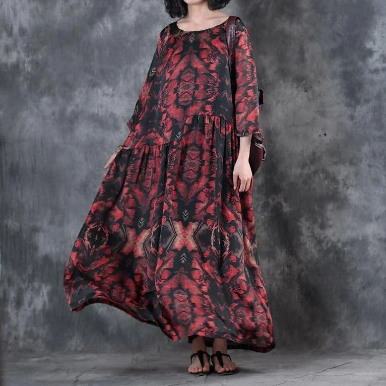 trendy black red prints sundress o neck bracelet sleeved floor length dress patchwork dress