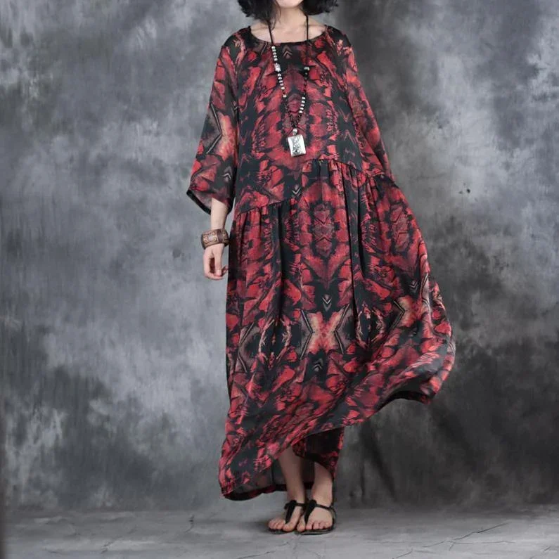 trendy-black-red-prints-sundress-o-neck-bracelet-sleeved-floor-length-dress-patchwork-dress