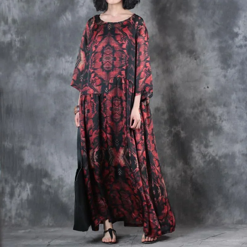trendy-black-red-prints-sundress-o-neck-bracelet-sleeved-floor-length-dress-patchwork-dress