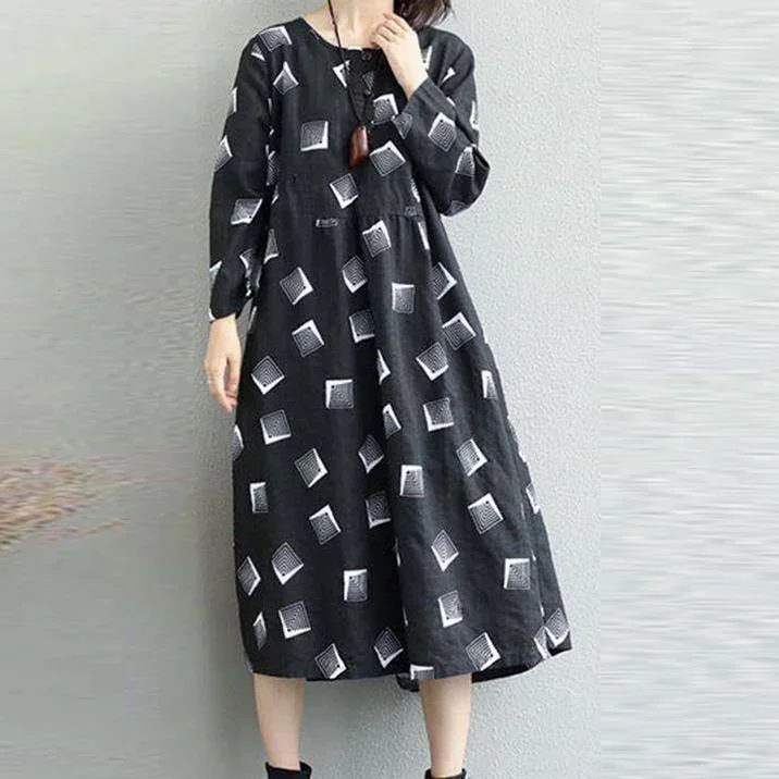 Vintage Black Prints Chiffon Dresses Plus Size Patchwork Fall Dresses New O Neck Caftans